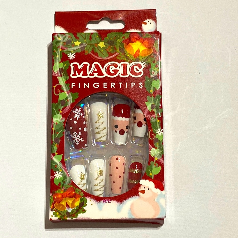 Magic Fingertips Press On Nails Christmas Santa Red White Gold